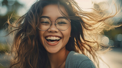 Wall Mural - Happy satisfied asian girl wearing glasses portrait outside. Generative Ai