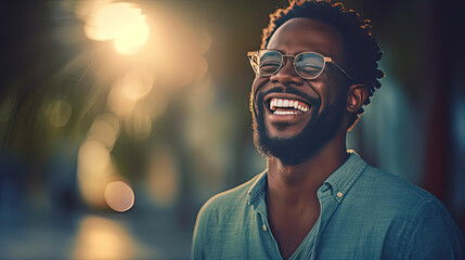 Wall Mural - Happy satisfied black people man wearing glasses portrait outside. Generative Ai