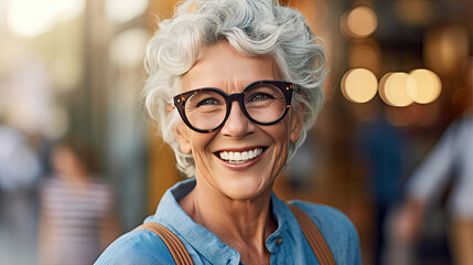Wall Mural - Happy satisfied senior woman wearing glasses portrait outside. Generative Ai