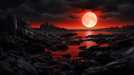 Wall Mural - fantasy night landscape, red moon. generative ai