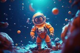 Fototapeta Do akwarium - Illustration of an astronaut in an orange space suit standing on a rocky surface, created using generative AI