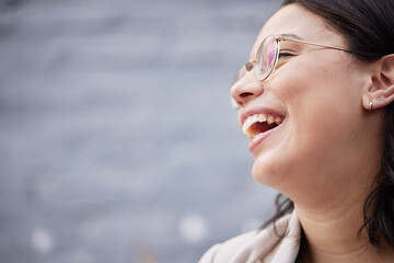 Laughing, funny and face of a woman with a smile for happiness, motivation and positive mindset. Closeup, zoom and a happy female person with cosmetics, confidence or idea on blurred background space