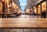 Fototapeta Londyn - Empty wooden table with blurred street background