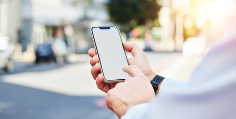 Poster - Phone, mockup and hands in a city for travel with space for advertising, contact or information. Smartphone, screen and person online for location, directions or guide, app or navigation in a street