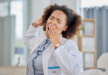 Wall Mural - Tired doctor, woman and yawn in hospital with burnout, medical stress and working with low energy in clinic. Fatigue of black female healthcare worker yawning while feeling overworked, sleepy or lazy