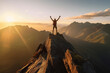 Climber cheers on mountaintop towards sunrise - theme success, career or motivation - Generative AI