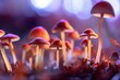 Illustration of a close-up view of various species of mushrooms in a whimsical and vibrant illustration, created using generative AI