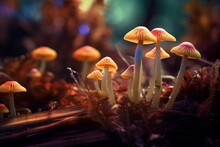 Illustration Of Small Yellow Mushrooms On A Forest Floor Created Using Generative AI