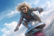 Futuristic flying air motorcycle generative ai collage of young woman blonde hair cyberpunk rider traveler isolated on clouds background