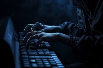 Illustration of a person typing on a computer keyboard in the dark, created using generative AI