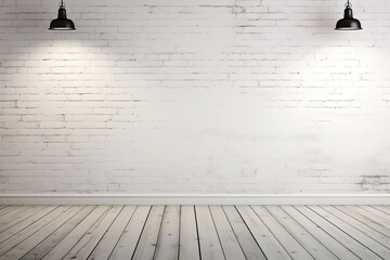 empty room with white bricks wall and wood floor, background for product presentation