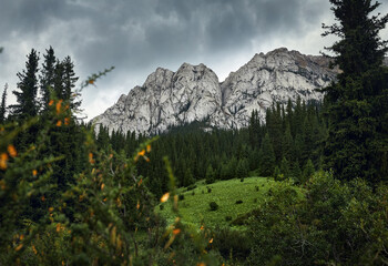 Mountain valley and green rocky hill in Kazakhstan