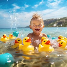 Happy Child Having Fun On Summer Vacation. Kid Playing With Rubber Duck In The Sea. Generative AI.