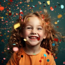 Birthday Child Happy Girl With Confetti On Colored Background. Generative AI.