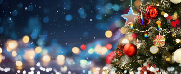 Poster - Beautiful Christmas background with an ornate Christmas tree on an evening blue background with blurry shiny lights and beautiful bokeh.