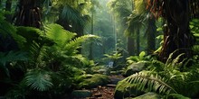 AI Generated. AI Generative. Wild Tropical Jungle Forest Park Tree Landscape. Adventure Travel Risky Explore Trip Background Landscape. Graphic Art