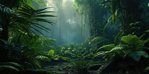 AI Generated. AI Generative. Wild tropical jungle forest park tree landscape. Adventure travel risky explore trip background landscape. Graphic Art