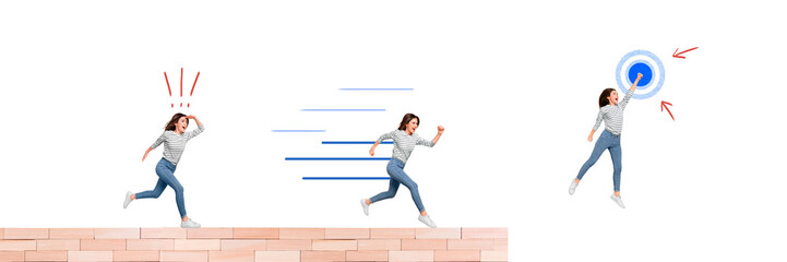 Poster - Photo collage artwork minimal picture of smiling lady achieving success step by step isolated white color background