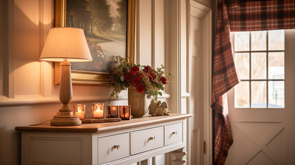 Autumnal hallway decor, interior design and house decoration, welcoming autumn entryway furniture, stairway and entrance hall home decor in an English country house and cottage style