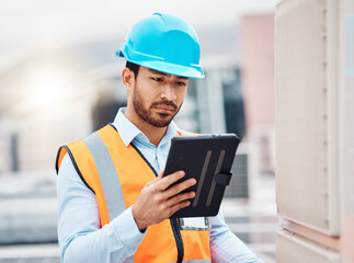 Poster - Tablet, engineering and man with air conditioner on roof for repair, maintenance and inspection. Solar power, construction and male worker on digital tech online for service, check and electricity