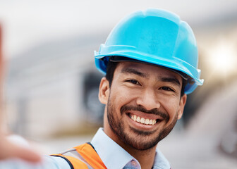 Aufkleber - Construction worker, selfie and portrait with helmet outdoor of builder and maintenance employee. Happy, face and male person doing engineering, property planning and building development project