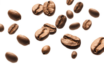 Coffee beans flying isolated on isolated png background. Generative AI