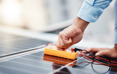 Solar panel, electricity and meter with hands of man for renewable energy, project and power. Construction, engineering and sustainability with closeup of contractor for tools, photovoltaic and grid