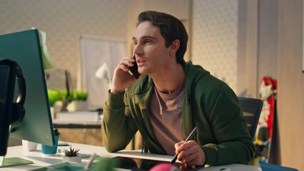 Wall Mural - Talking creator drawing tablet monitor at room closeup. Designer answering call