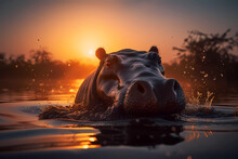 Hippo's Head Above The Water Surface