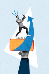 Poster - Vertical collage of funny businessman young age hold laptop his project investment growth arrow phone display isolated on blue background