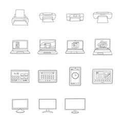 Poster - Gadgets doodle set, Printer, computer tablet, laptop, and monitor doodle vector 