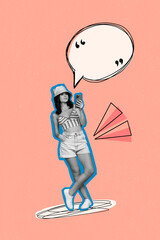 Poster - Photo collage artwork of young girl summertime wear sunhat texting phrase mind opinion browsing phone isolated on peach color background