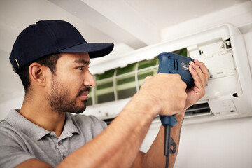 Poster - Maintenance, air conditioning service and man with drill, working on ventilation filter or ac repair. Contractor, handyman or electric aircon machine expert problem solving cleaning dust and tools.