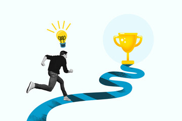 Sticker - Artwork collage of black white colors guy light bulb above head hurry run champion trophy cup path isolated on creative background