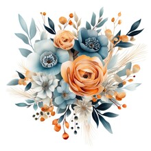 Floral Design With Blue And Orange Flowers Isolated On White , AI Generated