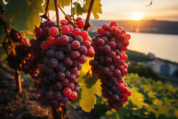 Poster - Red wine in mosel vineyard, Germany. Purple grapevine in Vineyards. New vintage wine concept. 