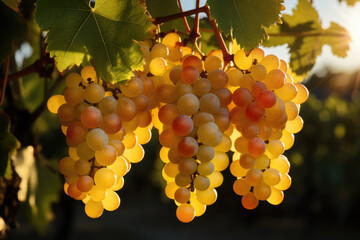 Poster - Golden grapes in plantation. Yellow wine in vineyard, close up. New vintage wine concept. 