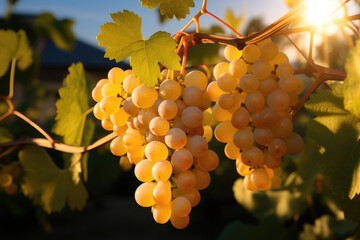 Aufkleber - Yellow sunny  grapes in plantation. Gold wine in vineyard, close up. Rose grapevine in Vineyards. New vintage wine concept. 