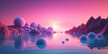 Surreal Landscape With Mountains And Sunset Pink Sea With Floating Spheres On Surface Of  Water.  Long Horizontal Banner. Generative AI. Artistic Original Mental, Emotional, And Spiritual Concept