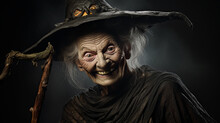 A Good Old Smiling Witch In A Black Dress And A Magic Hat On A Dark Background
