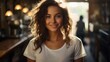 © ME_Photography - centered portrait shot of a gorgeous woman wearing a white t-shirt in a cafe
