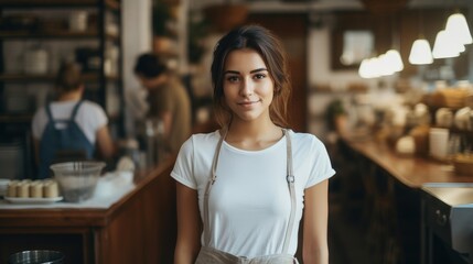 centered portrait shot of a gorgeous baker woman wearing a white blank t-shirt in a bakery, mockup