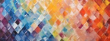 Closeup Of Abstract Rough Colorful Multicolored Geometric Rhombus Diamond Art Painting Texture 3d Pattern Wallpaper, With Oil Acrylic Brushstroke, Pallet Knife Paint On Canvas (Generative Ai)
