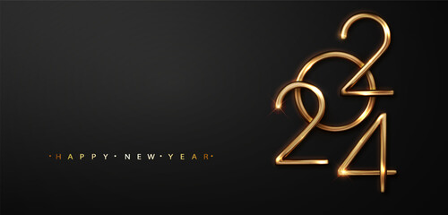 Wall Mural - New Year 2024 golden number on black background. Greeting design with realistic gold metal number of year.
