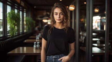 Wall Mural - centered portrait shot of a gorgeous woman wearing a black blank t-shirt in a cafe, mockup