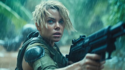cinematic scene of a woman fighter walking in the woods holding a gun