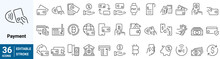 Set Of 36 Outline Icons Related To Payment. Contains An Icon Such As NFC, Money, Bitcoin, Credit Card, Credit Card, Linear Icon Collection. Editable Stroke. Vector Illustration