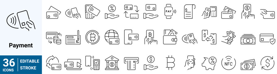 set of 36 outline icons related to payment. contains an icon such as nfc, money, bitcoin, credit car