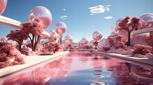 3d Render Of Pink Pool With Palm Trees In The Background.Futuristic Island With Palm Trees And Sphere