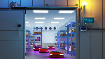 Poster - Large refrigerators inside plant. Robots and racks. Factory building with refrigerators. Automated refrigerators for storage. Refrigeration warehouse factory. Cold rooms with robot. 3d image
